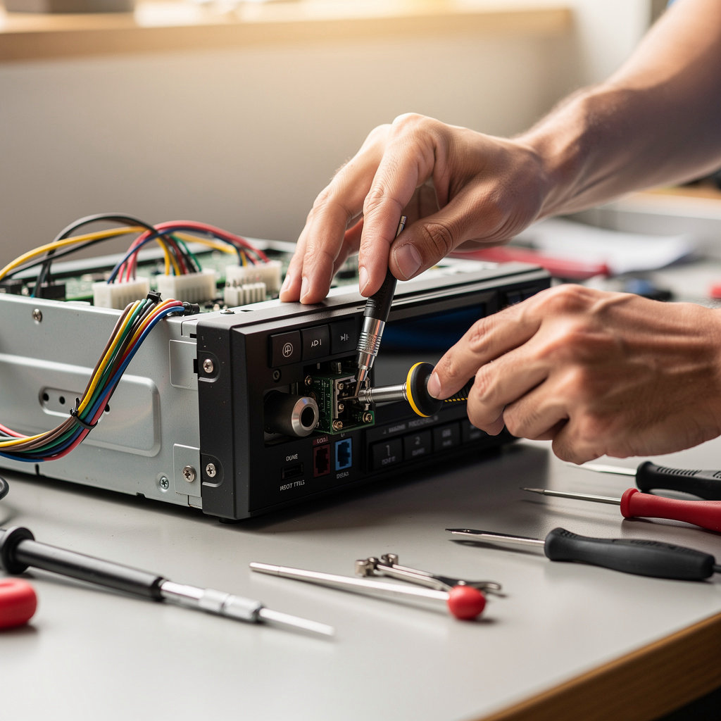 Conquista Comm technician performing professional radio installation and testing in San Diego