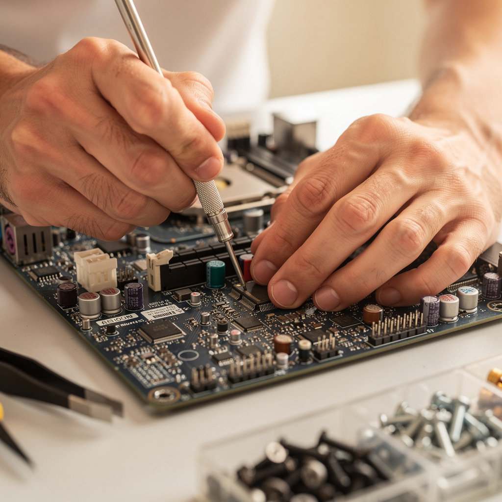 Conquista Comm technician performing expert electronics repair on a device in San Diego